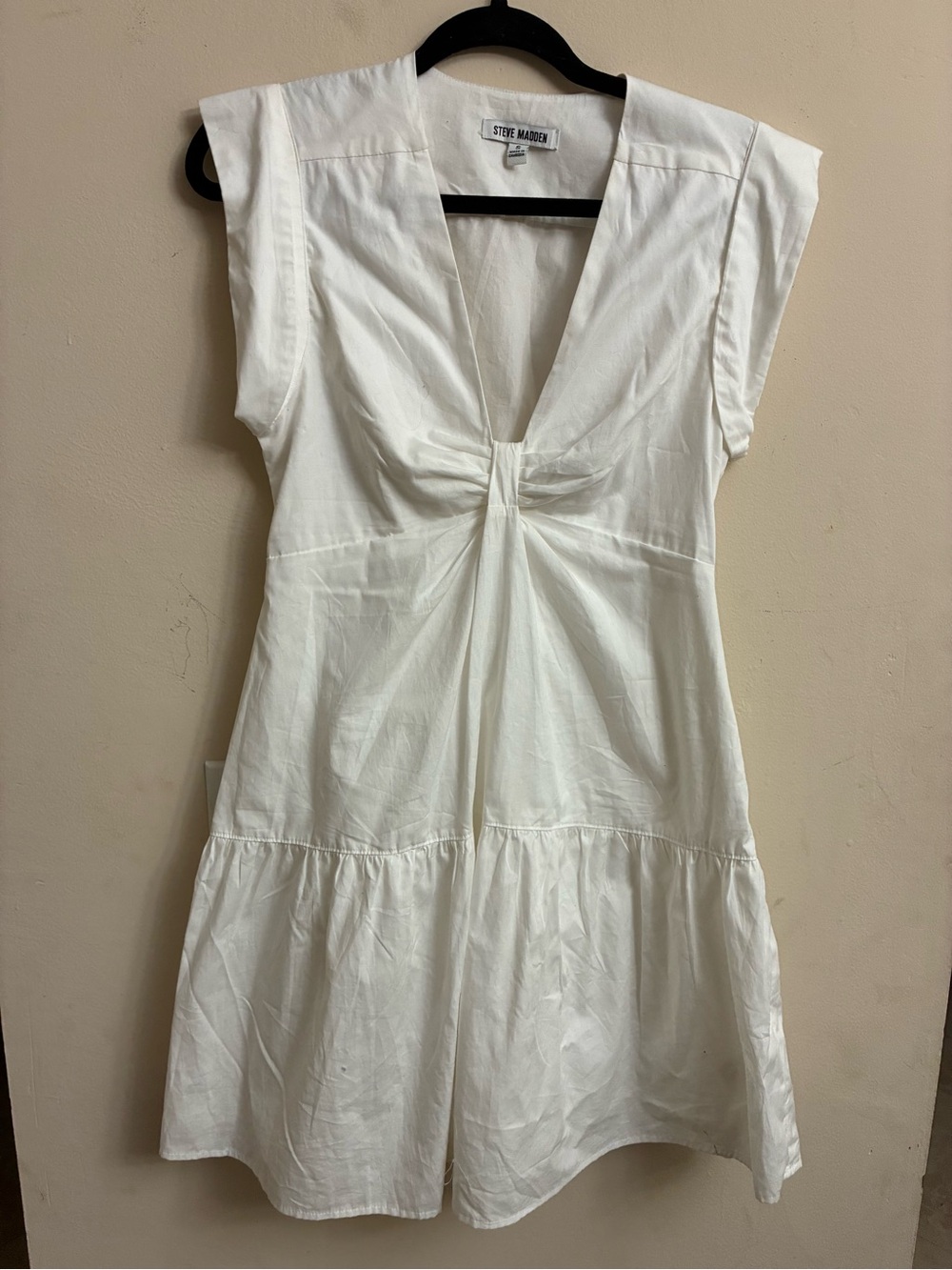 Steve Madden White Deep V Ruched Mini Dress Size S cotton